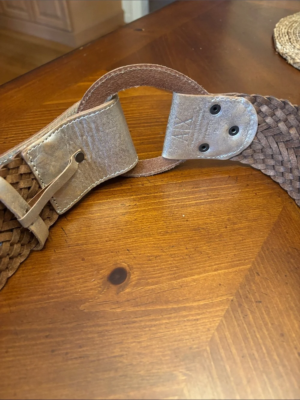 A|X Armani Exchange Braided Leather Belt Metallic Silver Gold